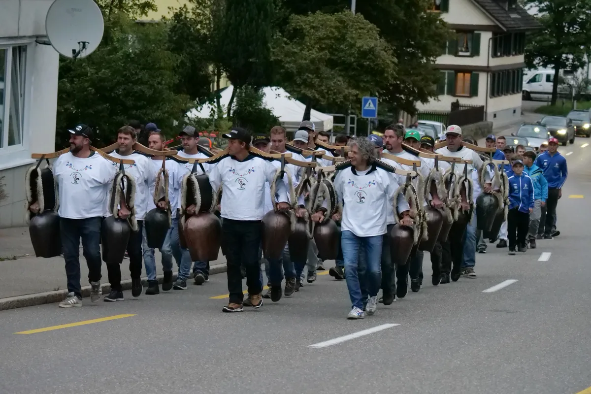DIe Trychler im traditionellen Marsch auf der Tösstalstrasse.